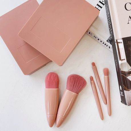 Mini Travel Makeup Brush Set with Box and Mirror - 5 Brushes