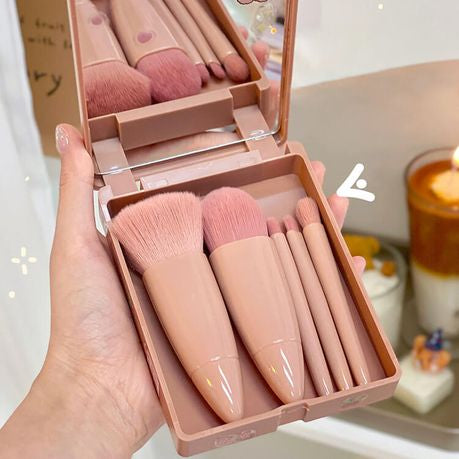 Mini Travel Makeup Brush Set with Box and Mirror - 5 Brushes