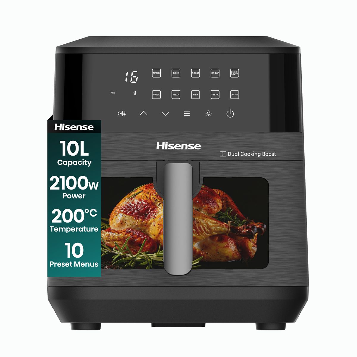 Hisense 10L 2100W Dual Heating Air Fryer with Digital Touchscreen, visual window- Black
