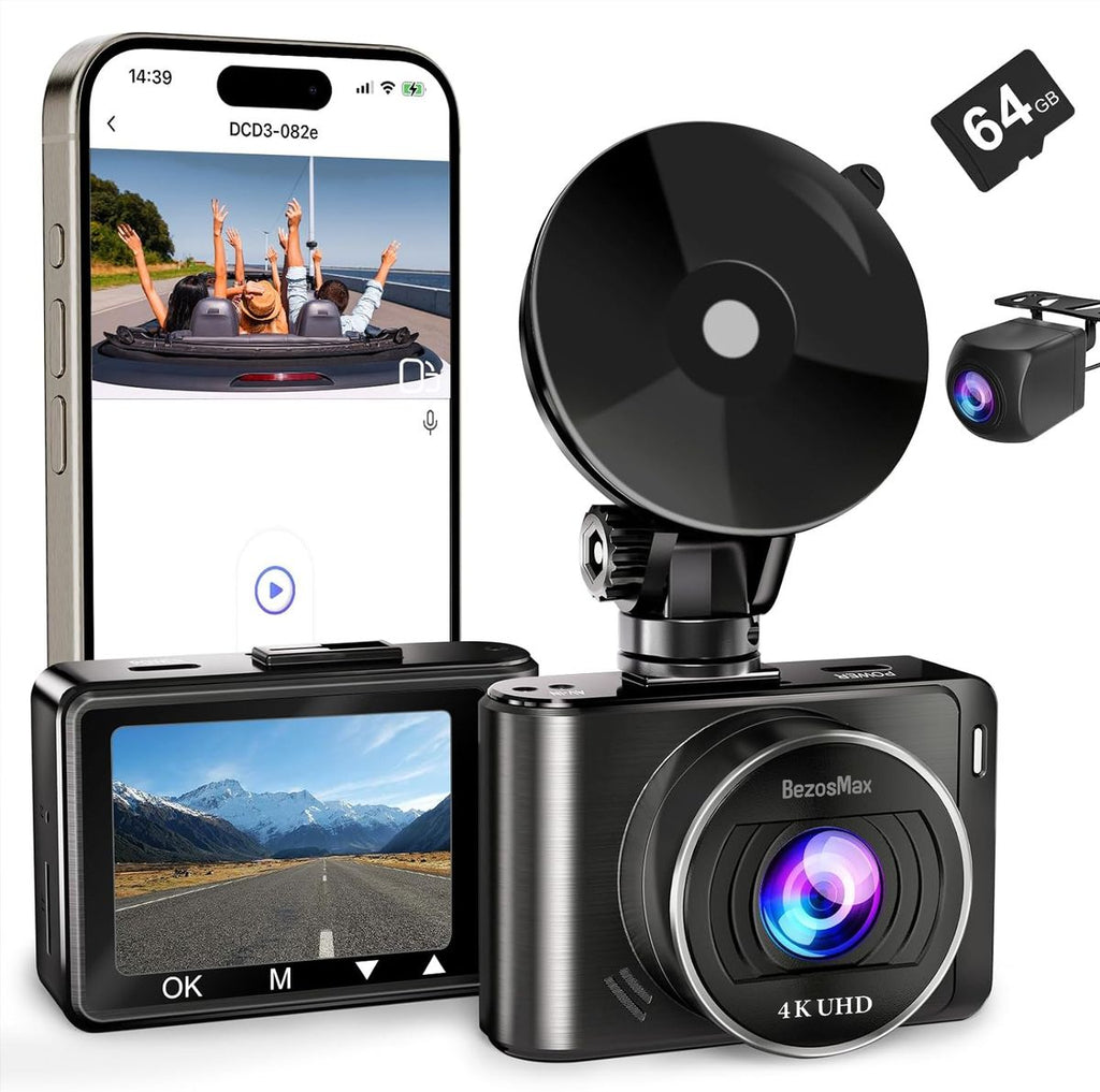 BezosMax 4K Dash Cam + 64GB
SDcard, UHD 1080P WIFI mobile interconnection