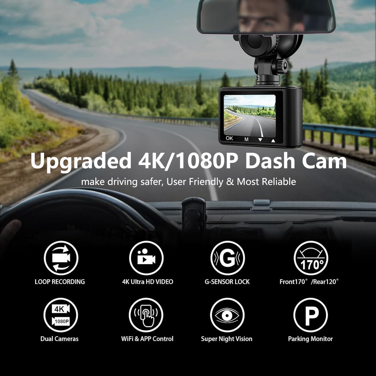 BezosMax 4K Dash Cam + 64GB
SDcard, UHD 1080P WIFI mobile interconnection
