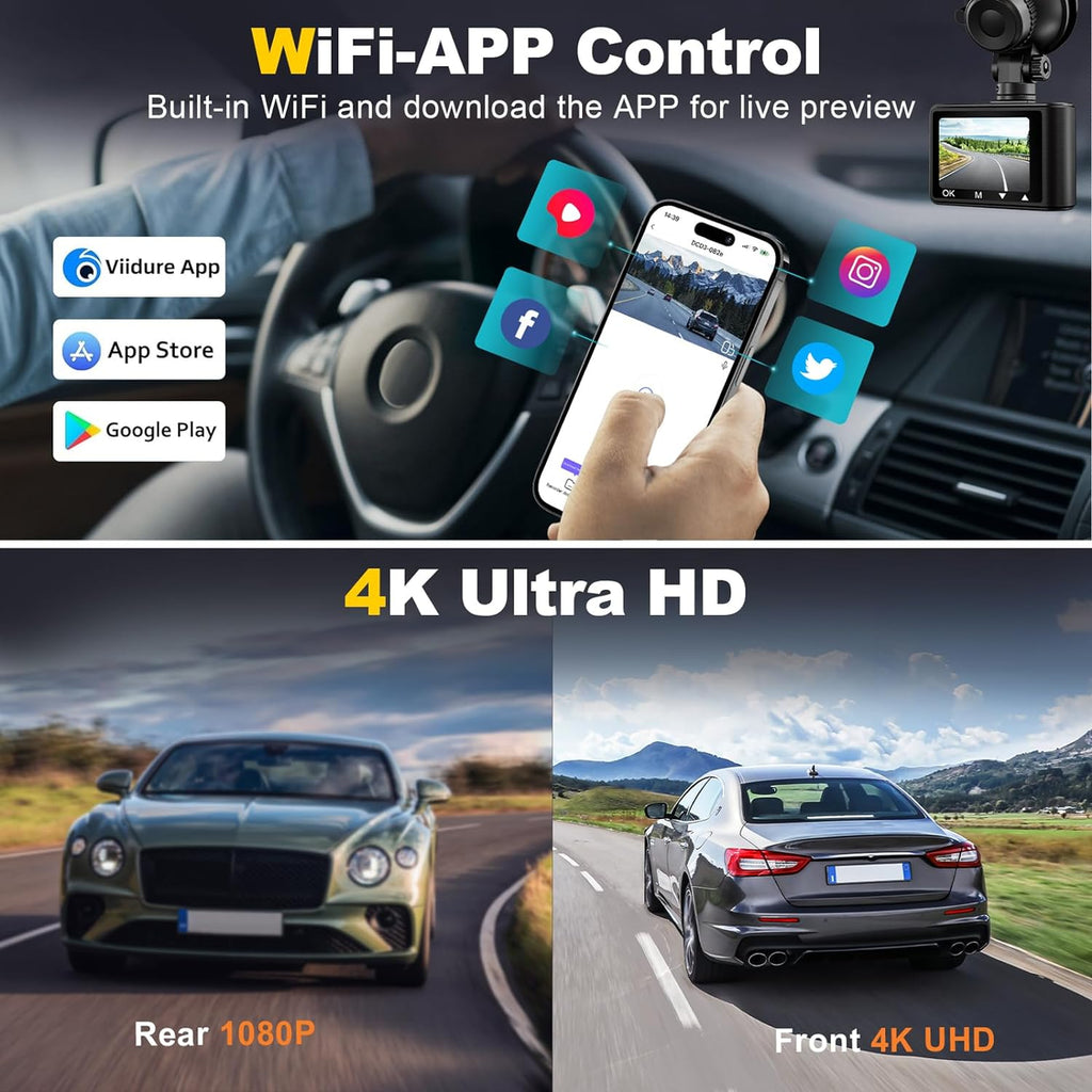 BezosMax 4K Dash Cam + 64GB
SDcard, UHD 1080P WIFI mobile interconnection