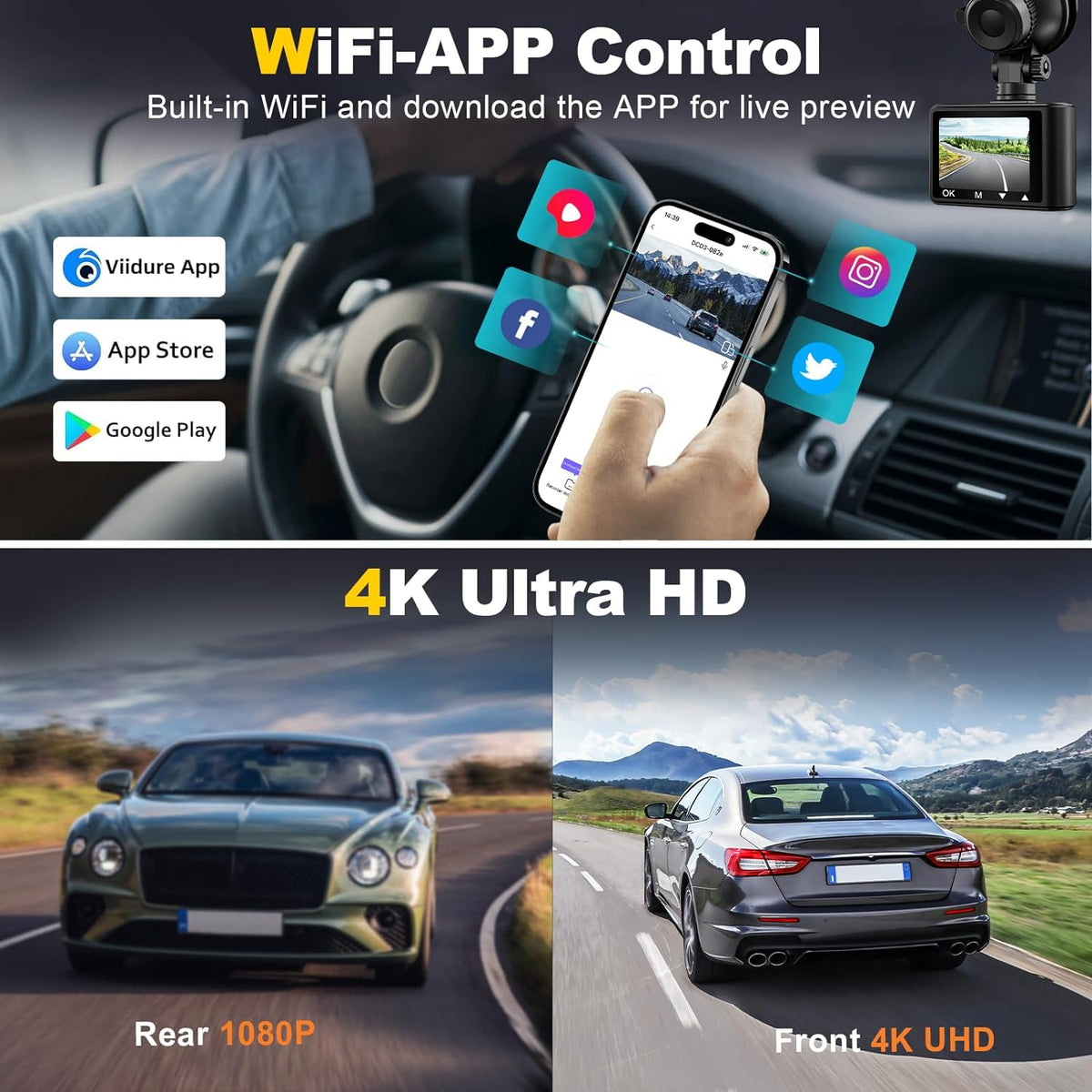 BezosMax 4K Dash Cam + 64GB
SDcard, UHD 1080P WIFI mobile interconnection