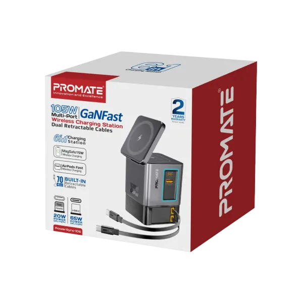 Promate PowerSync-105 105W Charging Station with Dual Retractable Cables