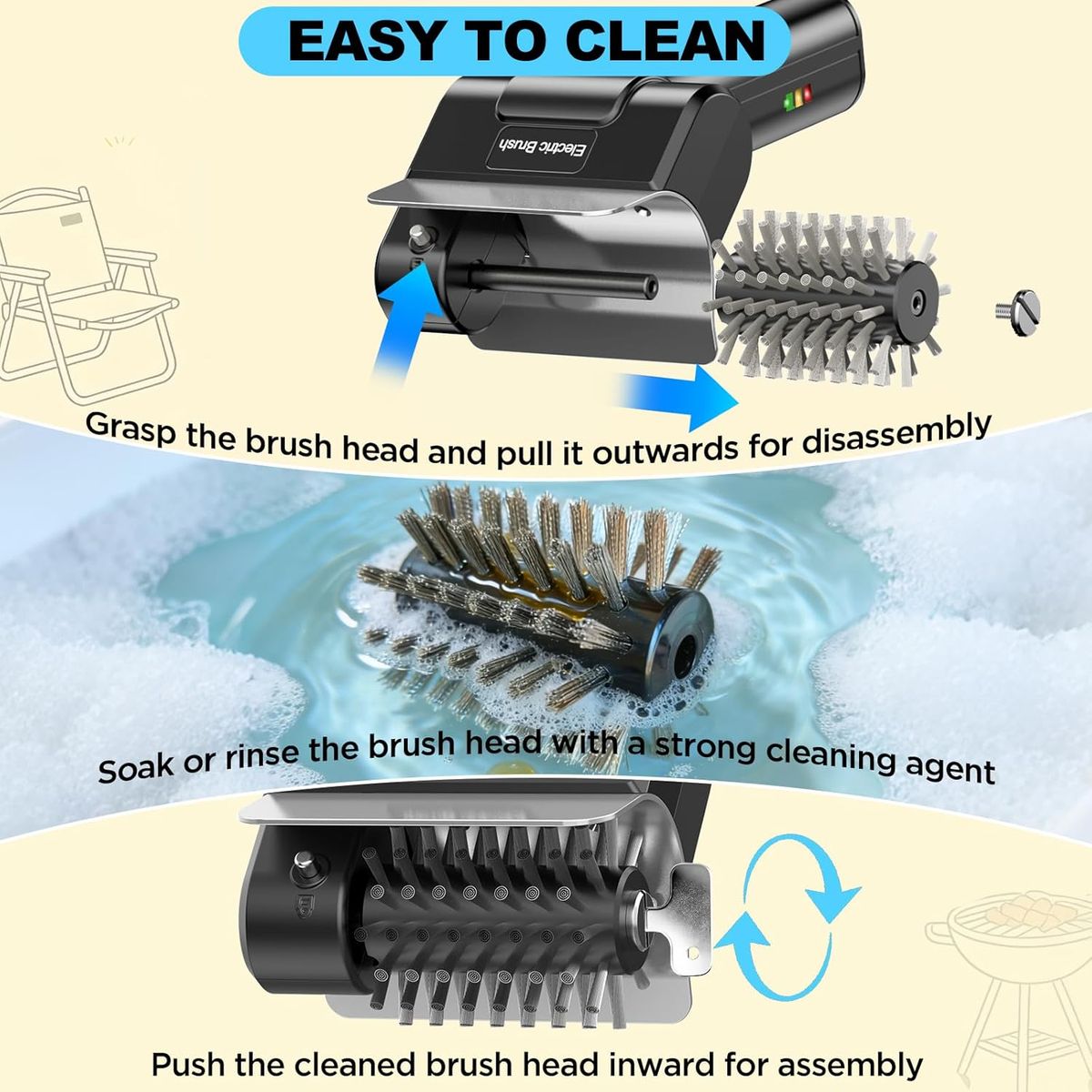 Electric Grill Brush, Dual Safety Lock 304 SS Waterproof Head, Splash-Proof