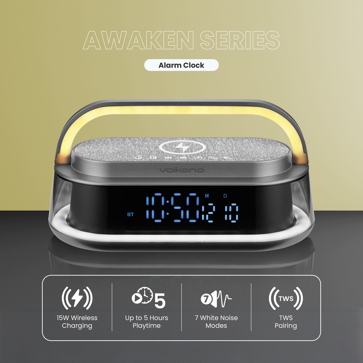 Volkano Awaken Series Wireless Charging Alarm Clock Speaker
