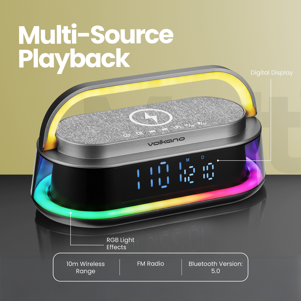 Volkano Awaken Series Wireless Charging Alarm Clock Speaker