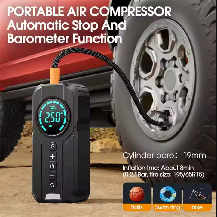 Portable 2-in-1 Car Tyre Inflator & Jump Starter - Digital Air Compressor